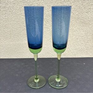 2 Festival Green & Blue Champagne Flutes Block Glass Stemmed 10.25" Hand Crafted